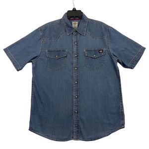 Dickies Western Shirt Mens Size Large Blue Chambray Pearl Snap Cowboy